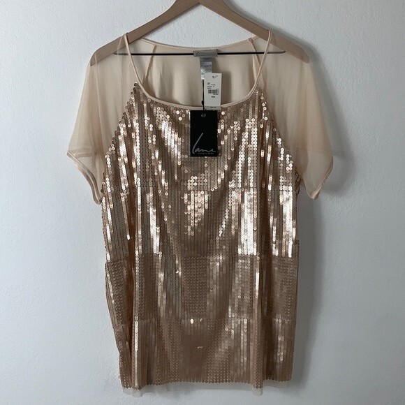 NWT Lane Bryant Champagne Gold Sequin Mesh Modal Short Sleeve Top Plus Sz 18/20 - Picture 1 of 7